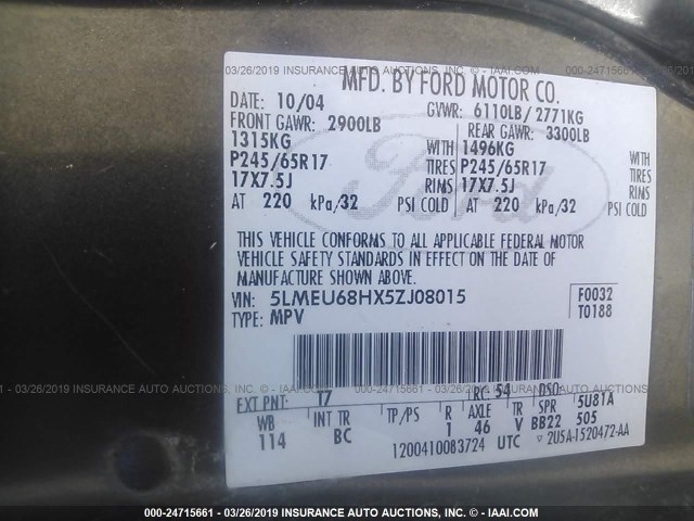 5LMEU68HX5ZJ08015 - 2005 LINCOLN AVIATOR 黑色 照片 9