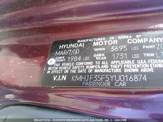 KMHJF35F5YU016874 - 2000 HYUNDAI ELANTRA GLS RED photo 9