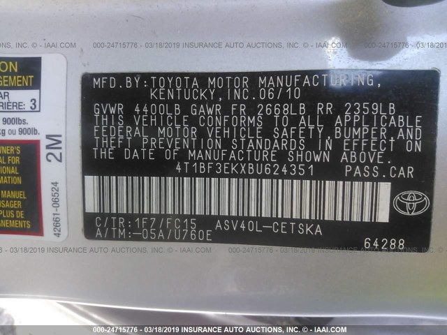 4T1BF3EKXBU624351 - 2011 TOYOTA CAMRY SE/LE/XLE SILVER photo 9