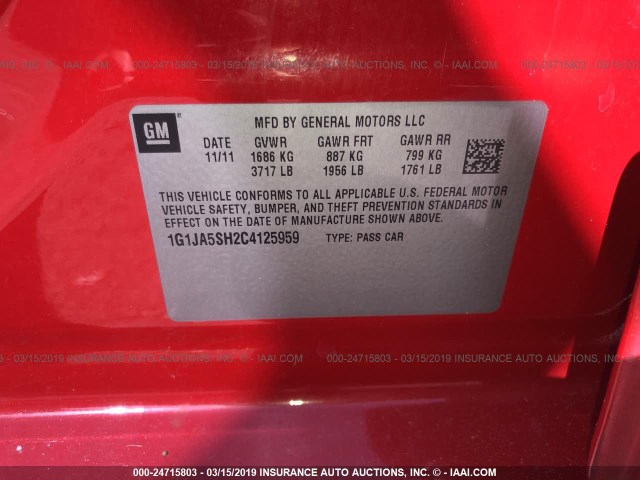 1G1JA5SH2C4125959 - 2012 CHEVROLET SONIC LS წითელი ფოტო 9