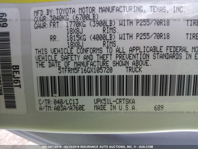 5TFRM5F16GX105720 - 2016 TOYOTA TUNDRA DOUBLE CAB SR/SR5 WHITE photo 9