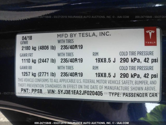 5YJ3E1EA2JF020405 - 2018 TESLA MODEL 3 BLUE photo 9