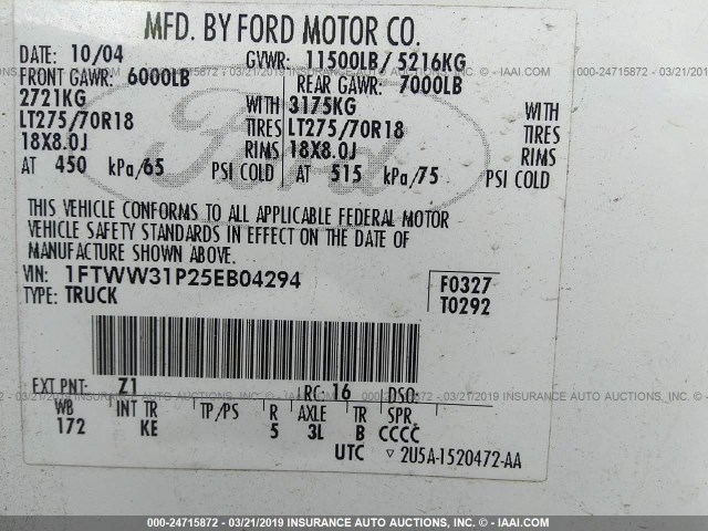 1FTWW31P25EB04294 - 2005 FORD F350 SRW SUPER DUTY WHITE photo 9