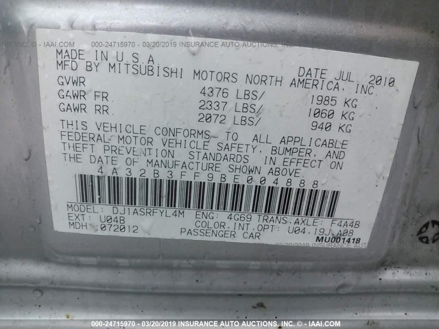 4A32B3FF9BE004888 - 2011 MITSUBISHI GALANT ES/SE SILVER photo 9