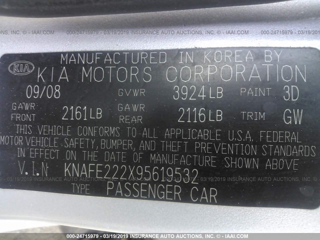 KNAFE222X95619532 - 2009 KIA SPECTRA EX/LX/SX SILVER photo 9