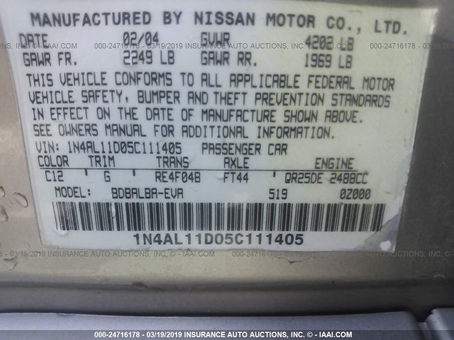 1N4AL11D05C111405 - 2005 NISSAN ALTIMA S/SL TAN photo 9