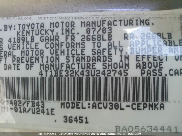 4T1BE32K43U242745 - 2003 TOYOTA CAMRY LE/XLE/SE CREAM photo 9