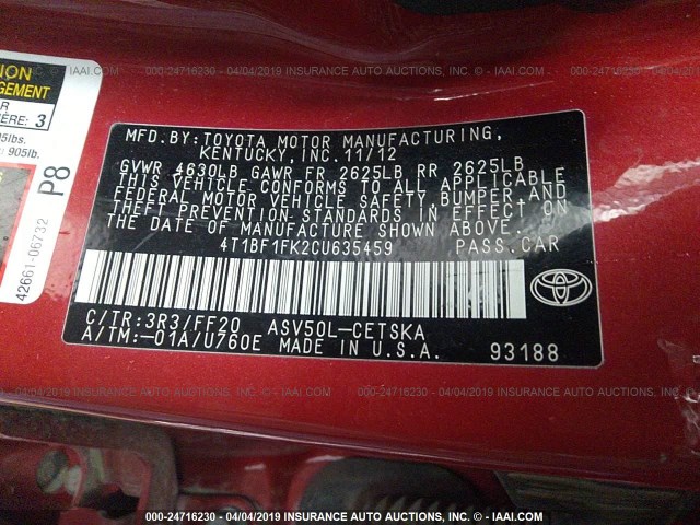 4T1BF1FK2CU635459 - 2012 TOYOTA CAMRY SE/LE/XLE RED photo 9