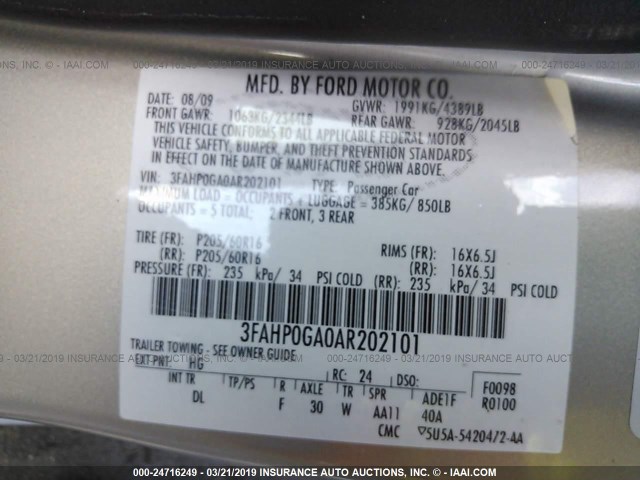 3FAHP0GA0AR202101 - 2010 FORD FUSION S TAN photo 9