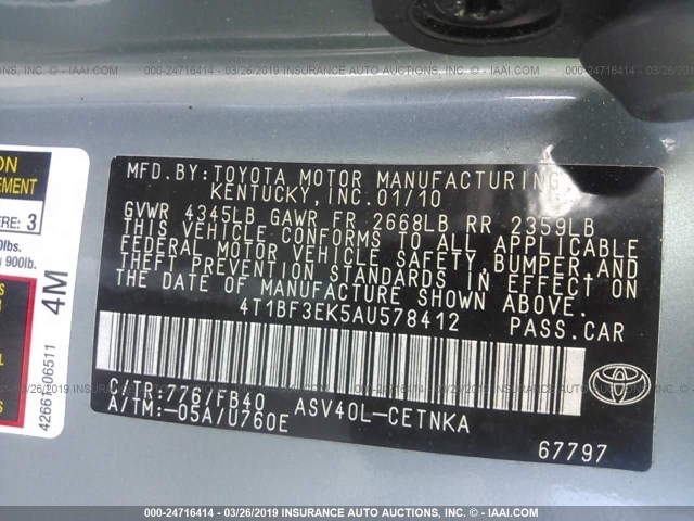 4T1BF3EK5AU578412 - 2010 TOYOTA CAMRY SE/LE/XLE GREEN photo 9