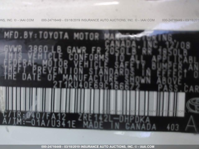 2T1KU40E69C166672 - 2009 TOYOTA COROLLA MATRIX  WHITE photo 9