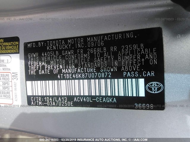 4T1BE46K87U070872 - 2007 TOYOTA CAMRY NEW GENERAT CE/LE/XLE/SE SILVER photo 9