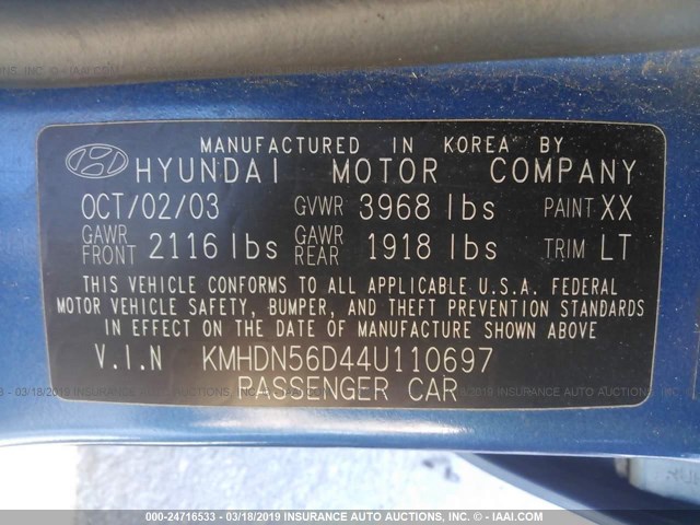 KMHDN56D44U110697 - 2004 HYUNDAI ELANTRA GLS/GT BLUE photo 9