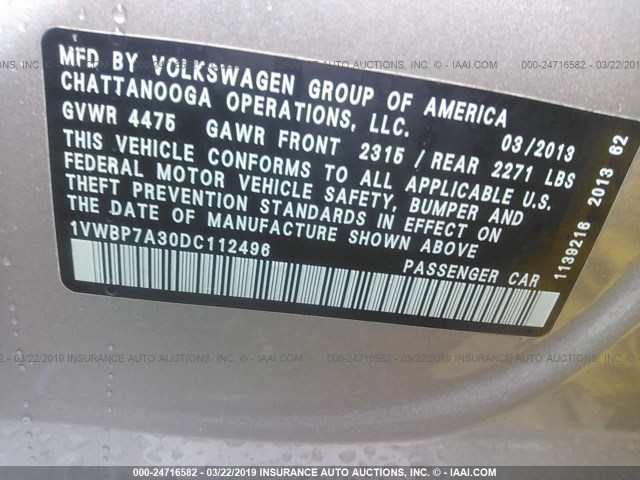 1VWBP7A30DC112496 - 2013 VOLKSWAGEN PASSAT SE SILVER photo 9