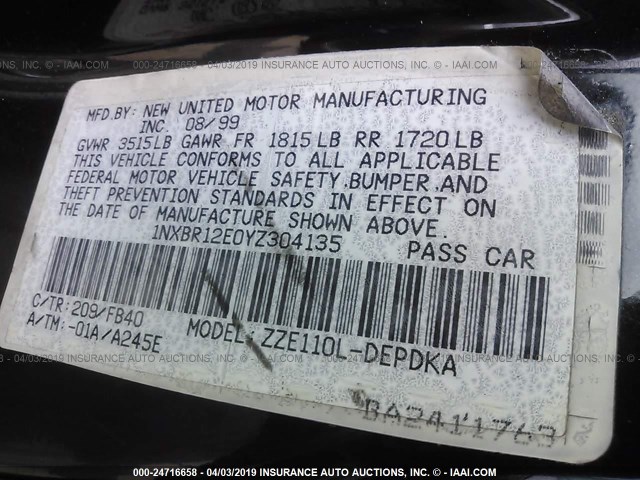 1NXBR12E0YZ304135 - 2000 TOYOTA COROLLA VE/CE/LE 黑色 照片 9