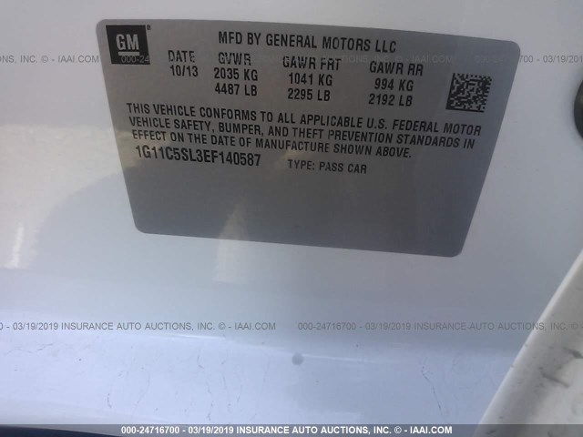 1G11C5SL3EF140587 - 2014 CHEVROLET MALIBU 1LT 白色 照片 9