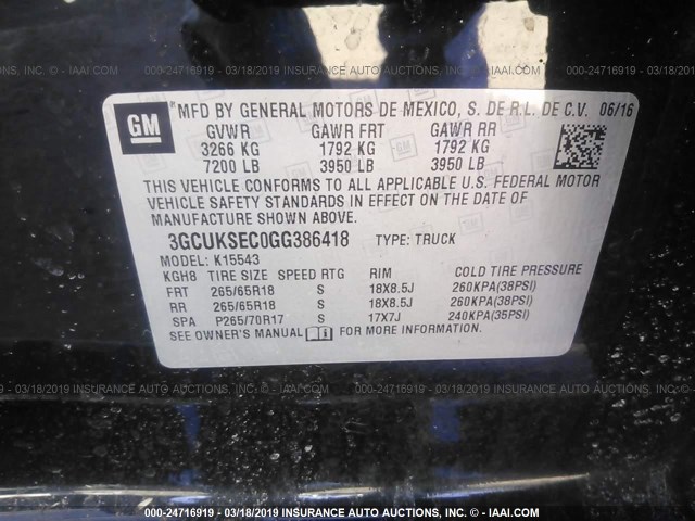 3GCUKSEC0GG386418 - 2016 CHEVROLET SILVERADO K1500 LTZ BLACK photo 9