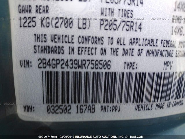 2B4GP2439WR758506 - 1998 DODGE GRAND CARAVAN  BLUE photo 9