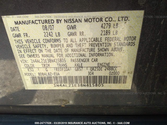 1N4AL21E38N415805 - 2008 NISSAN ALTIMA 2.5/2.5S GRAY photo 9