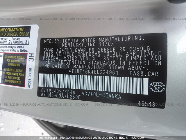 4T1BE46K48U234961 - 2008 TOYOTA CAMRY CE/LE/XLE/SE GOLD photo 9