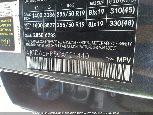 4JGDA5HB5CA021440 - 2012 MERCEDES-BENZ ML 350 4MATIC GRAY photo 9