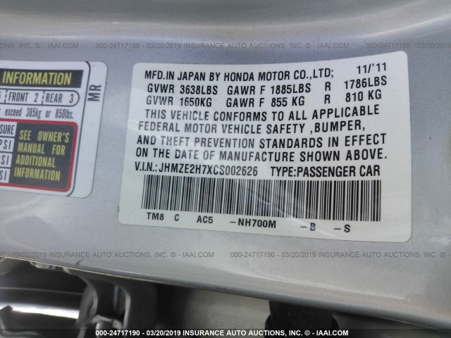 JHMZE2H7XCS002626 - 2012 HONDA INSIGHT EX SILVER photo 9