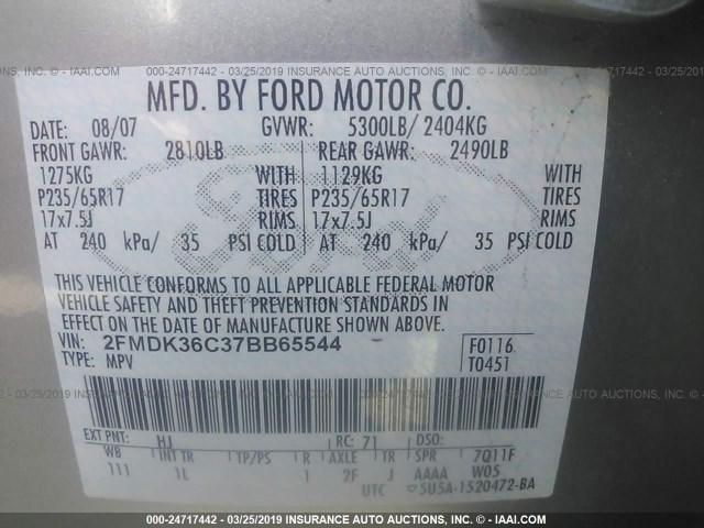 2FMDK36C37BB65544 - 2007 FORD EDGE SE GRAY photo 9