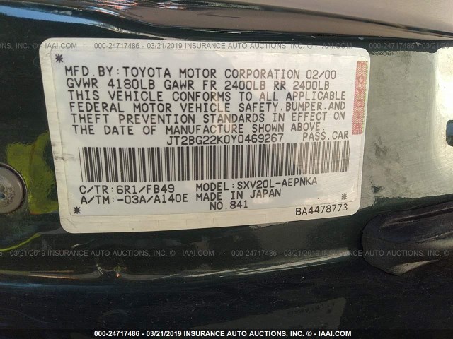 JT2BG22K0Y0469267 - 2000 TOYOTA CAMRY CE/LE/XLE GREEN photo 9