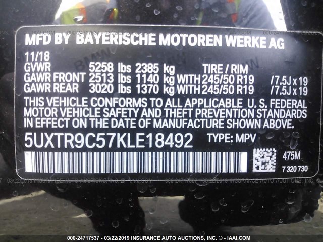 5UXTR9C57KLE18492 - 2019 BMW X3 XDRIVE30I BLACK photo 9