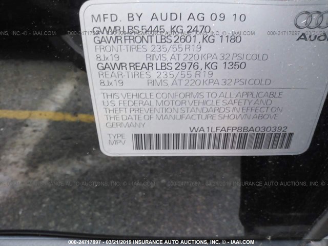 WA1LFAFP8BA030392 - 2011 AUDI Q5 PREMIUM PLUS BLACK photo 9