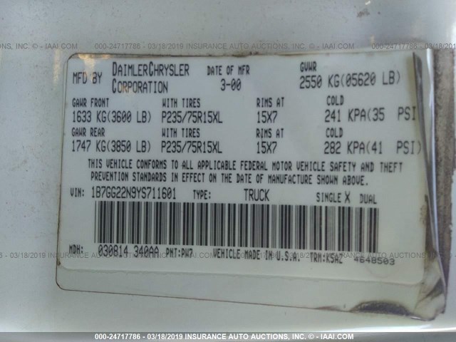 1B7GG22N9YS711601 - 2000 DODGE DAKOTA WHITE photo 9