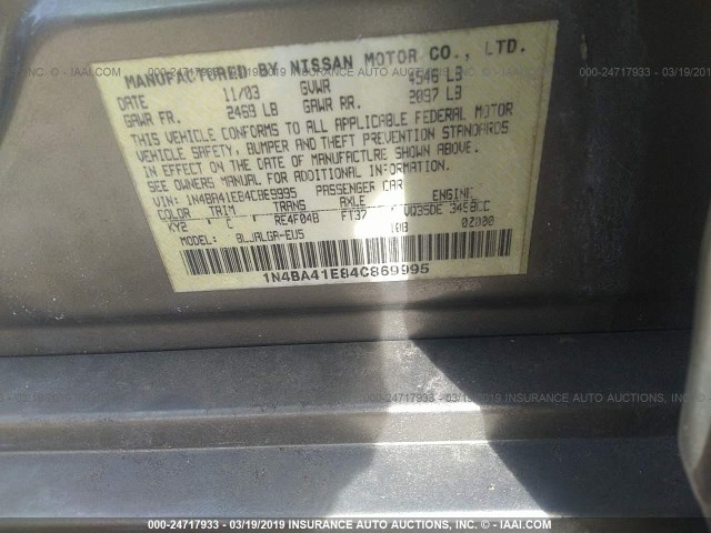 1N4BA41E84C869995 - 2004 NISSAN MAXIMA SE/SL TAN photo 9