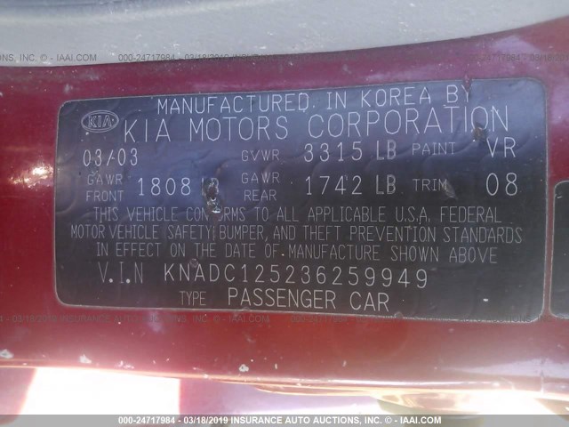 KNADC125236259949 - 2003 KIA RIO RED photo 9