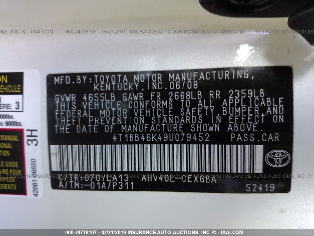 4T1BB46K49U079452 - 2009 TOYOTA CAMRY HYBRID WHITE photo 9