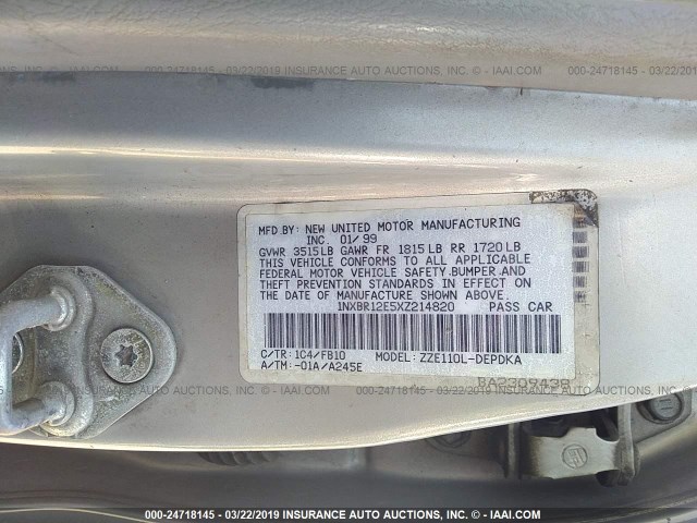 1NXBR12E5XZ214820 - 1999 TOYOTA COROLLA VE/CE/LE 灰色 照片 9