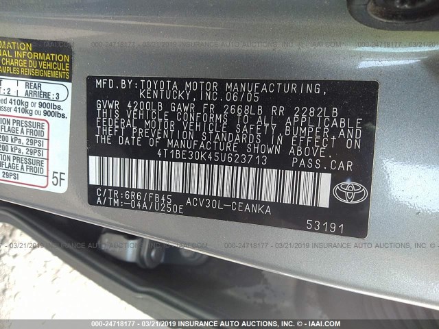 4T1BE30K45U623713 - 2005 TOYOTA CAMRY LE/XLE/SE SILVER photo 9