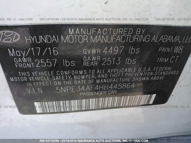 5NPE34AF4HH445864 - 2017 HYUNDAI SONATA SPORT/LIMITED WHITE photo 9