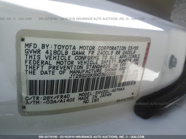 JT2BG22K9X0360062 - 1999 TOYOTA CAMRY LE/XLE 白色 照片 9