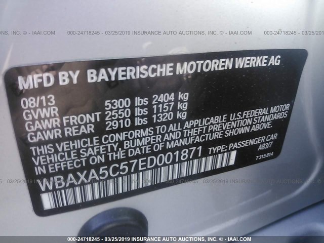 WBAXA5C57ED001871 - 2014 BMW 535 D SILVER photo 9