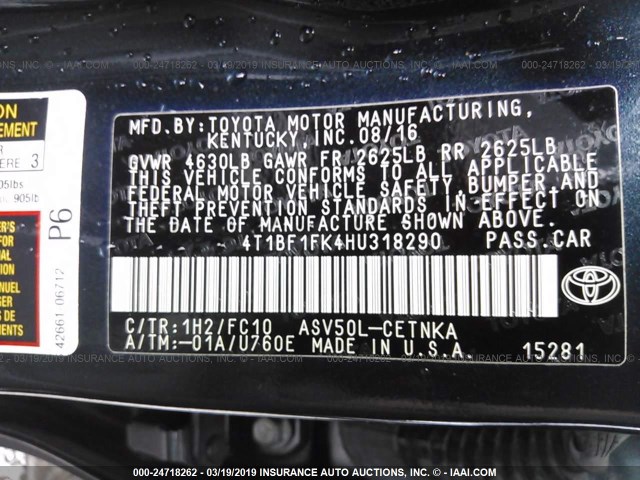 4T1BF1FK4HU318290 - 2017 TOYOTA CAMRY LE/XLE/SE/XSE BLACK photo 9
