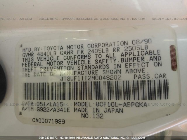 JT8UF11E2M0048202 - 1991 LEXUS LS 400 WHITE photo 9