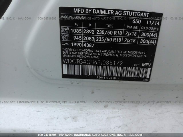 WDCTG4GB6FJ085172 - 2015 MERCEDES-BENZ GLA 250 4MATIC WHITE photo 9