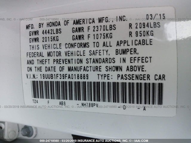 19UUB1F39FA018889 - 2015 ACURA TLX WHITE photo 9