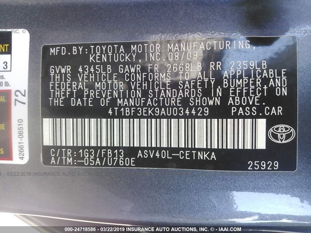 4T1BF3EK9AU034429 - 2010 TOYOTA CAMRY SE/LE/XLE GRAY photo 9