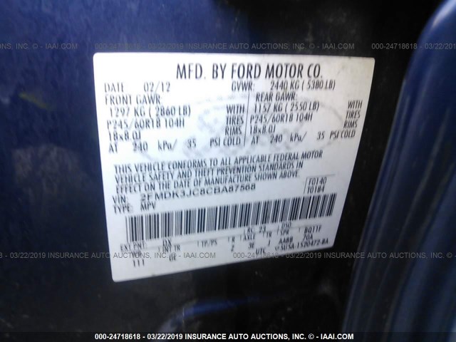 2FMDK3JC8CBA87568 - 2012 FORD EDGE SEL BLUE photo 9