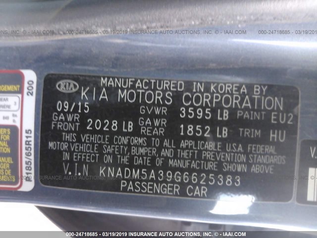 KNADM5A39G6625383 - 2016 KIA RIO LX BLUE photo 9