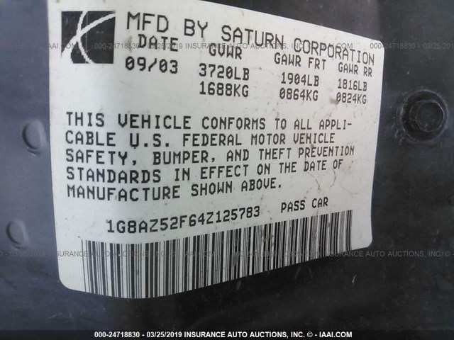 1G8AZ52F64Z125783 - 2004 SATURN ION LEVEL 2 黑色 照片 9