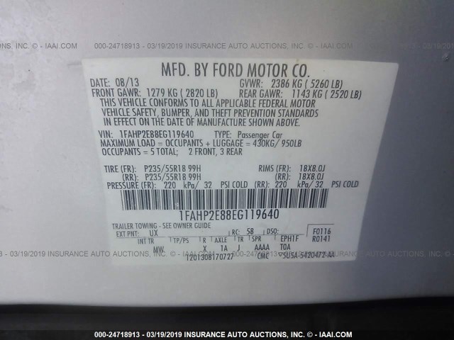 1FAHP2E88EG119640 - 2014 FORD TAURUS SEL SILVER photo 9