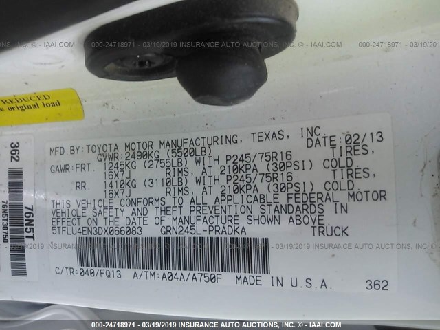 5TFLU4EN3DX066083 - 2013 TOYOTA TACOMA DOUBLE CAB 白色 照片 9