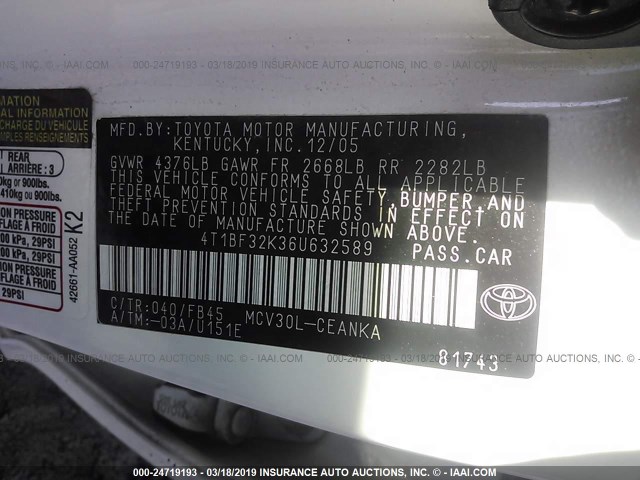 4T1BF32K36U632589 - 2006 TOYOTA CAMRY LE/XLE/SE WHITE photo 9
